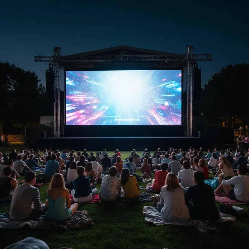Projection de cinéma plein air avec mur LED géant et spectateurs assis en extérieur la nuit