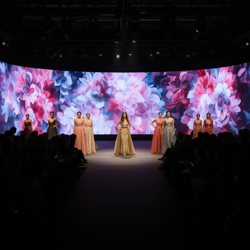 Défilé de mode avec mannequin sur podium et mur LED en fond de scène style Fashion Week