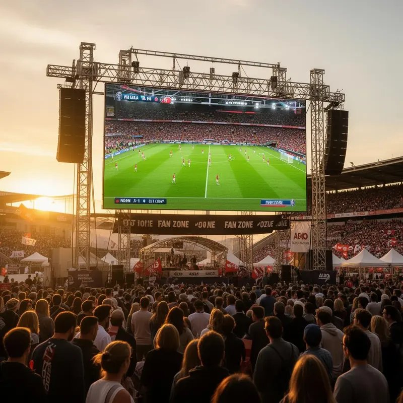 Fan zone outdoor avec mur LED géant retransmettant un match devant des supporters