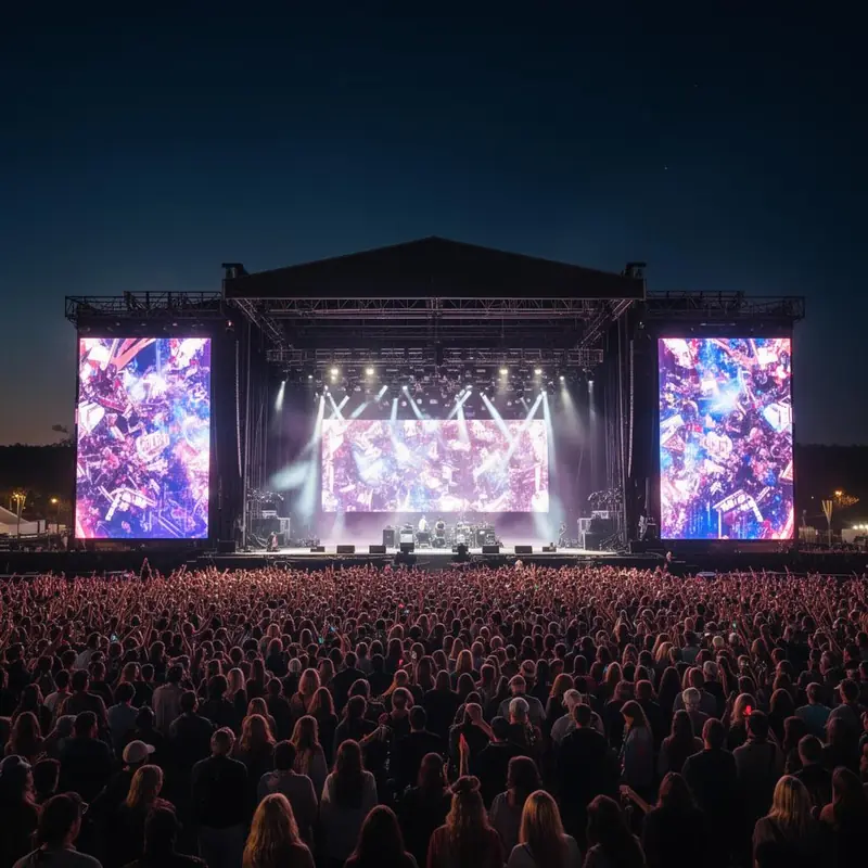 Festival de musique en plein air avec scène équipée de mur LED et public massif