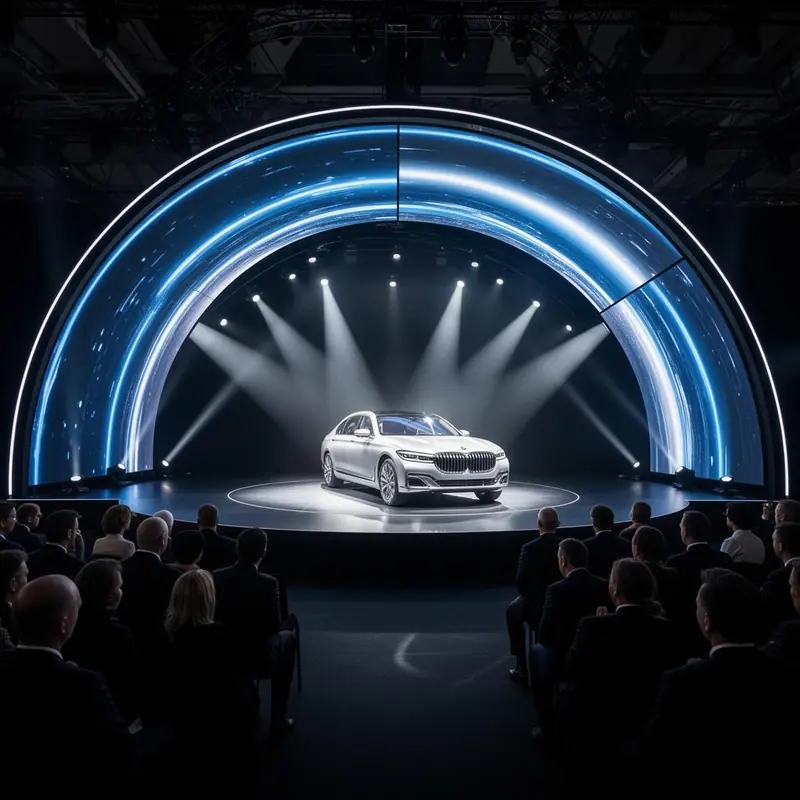 Événement de lancement de produit avec mur LED scénographique panoramique et public