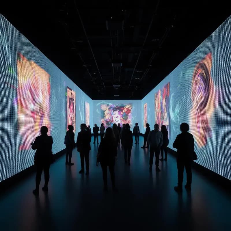 Exposition muséographique avec mur LED immersif et visiteurs admirant projection digitale