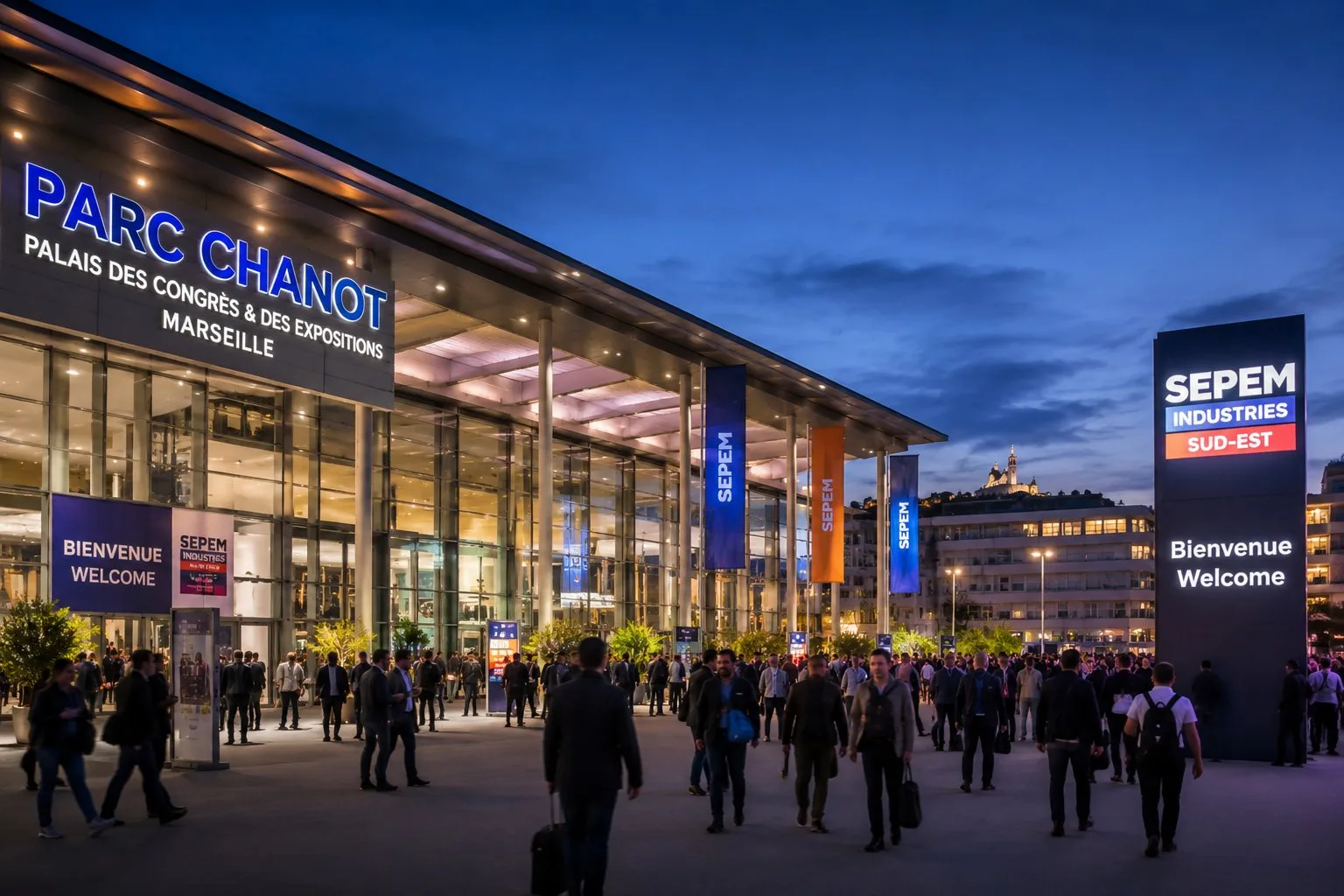 Parc Chanot, Palais des Congrès et des Expositions de Marseille illuminé de nuit
